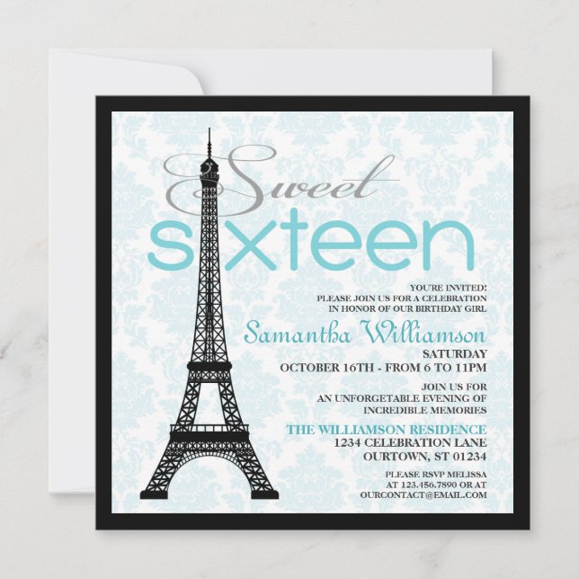 Aqua Paris Sweet 16 inbjudningar (Framsida)