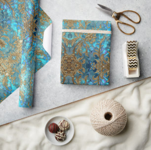 Aqua Pärlglänsande & Guld Sjöjungfru Fjäll Mönster Presentpapper