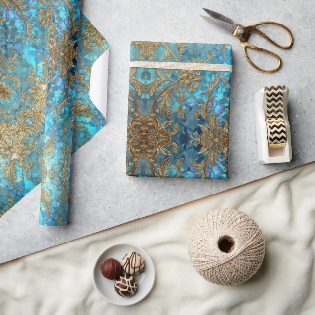 Aqua Pärlglänsande & Guld Sjöjungfru Fjäll Mönster Presentpapper (Hantverk)