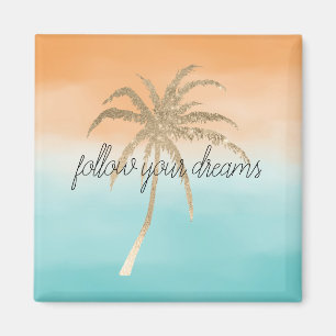 Aqua Peach Guld Tropical Handflatan Träd Ombre Magnet