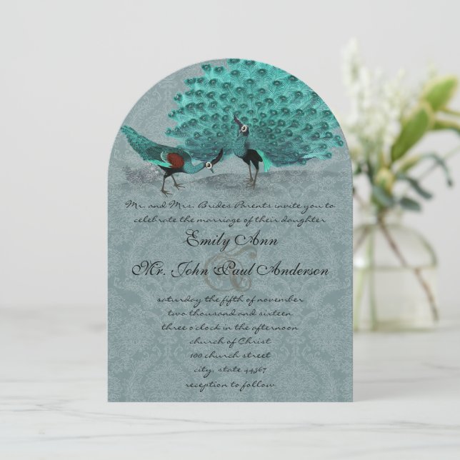 Aqua Peacock Elegant Linen Pearl Inbjudningar (Stående Fram)