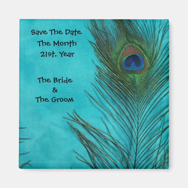 Aqua Peacock Feathers Bröllop Magnet (Framsidan)