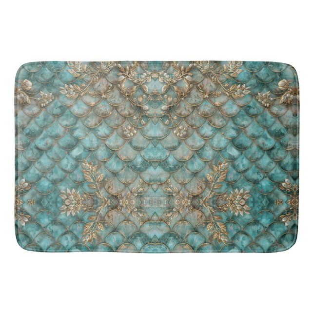 Aqua Pearlescent & Gold Mermaid Scale Pattern  Badrumsmatta (Framsidan)