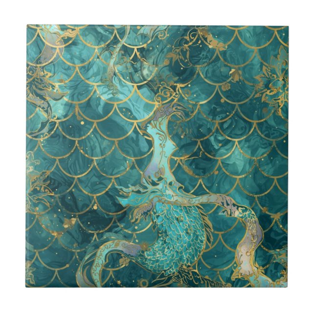 Aqua Pearlescent & Gold Mermaid Scale Pattern  Kakelplatta (Framsidan)