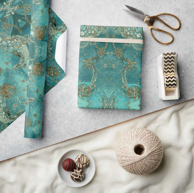 Aqua Pearlescent & Gold Mermaid Scale Pattern  Presentpapper (Hantverk)