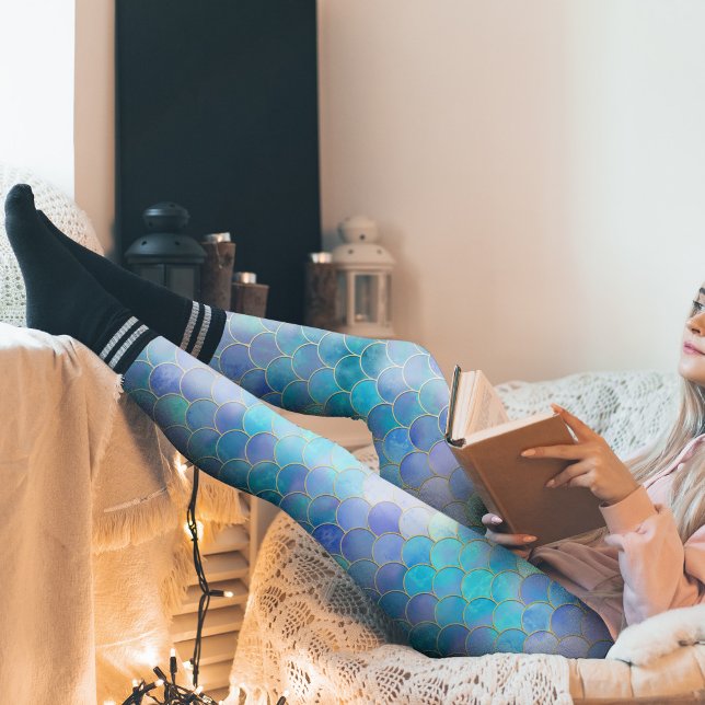 Aqua Pearlescent & Guld Sjöjungfru  Mönster Leggings (Aqua Pearlescent Mermaid Scale Pattern Leggings)