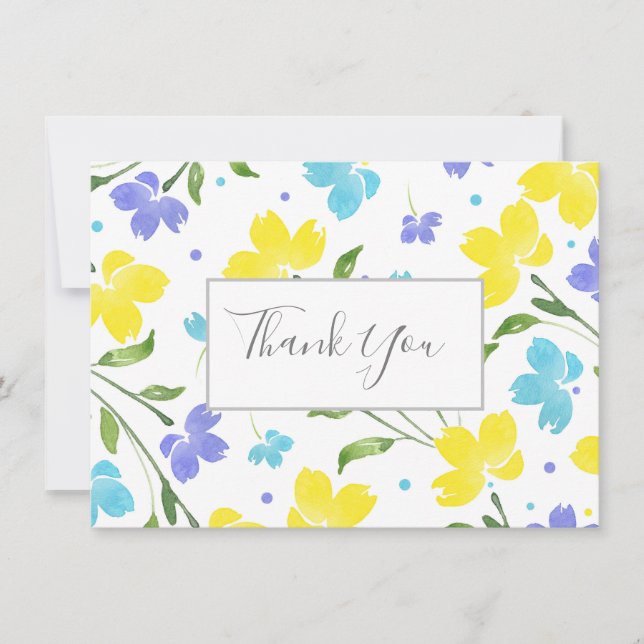 Aqua, Periwinkle, Gult Watercolor Blommigt Stems Tack Kort (Framsida)