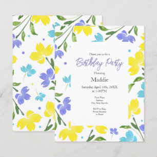 Aqua, Periwinkle, Gult Watercolor Flower Stems Inbjudningar
