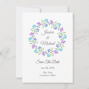 Aqua, Periwinkle, Lila Watercolor Blommigt Wand Spara Datumet