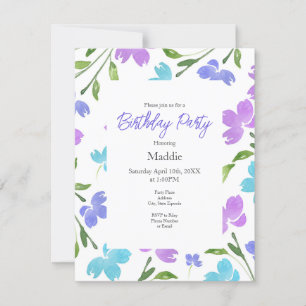 Aqua, Periwinkle, Lila Watercolor Flower Stems Inbjudningar
