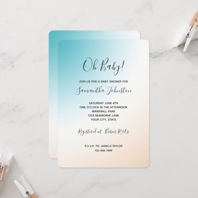Aqua Persika Vit Ombre Baby Shower Inbjudningar (Fram/Back In Situ)
