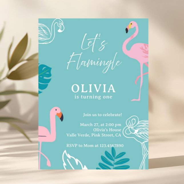 Aqua & Pink Flamingo Tropical Birthday Inbjudningar (aqua pink birthday invitation, flamingo birthday invitation, first birthday invite, lets flamingle, )