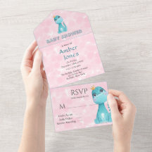 Aqua Princess Cute Dinosaur Rosa Peony Baby Shower