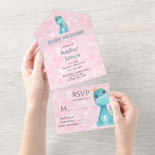 Aqua Princess Cute Dinosaur Rosa Peony Baby Shower