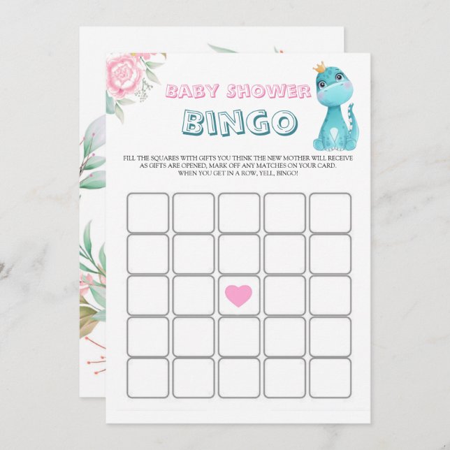 Aqua Princess Dinosaurs Peony Baby Shower Bingo (Fram/baksida)