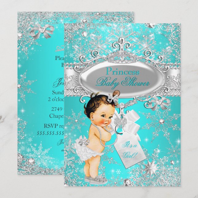 Aqua Princess Vinter Värld Babyfirande Brun Inbjudningar (Fram/baksida)