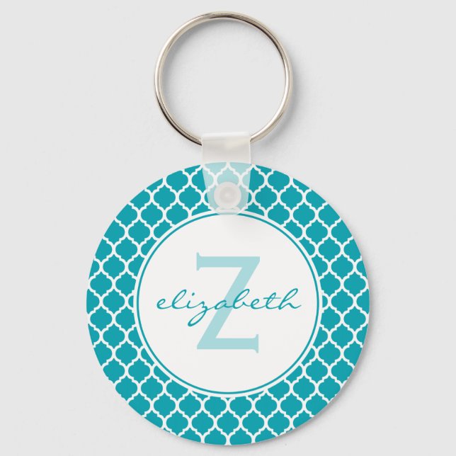 Aqua Quatrefoil Monogram Nyckelring (Framsida)