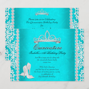 Aqua Quinceanera 15-års födelsedags tiara högklack Inbjudningar