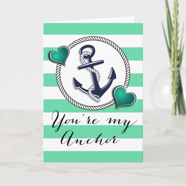 Aqua Rand Nautical Anchor Valentine Helgkort (Framsida)