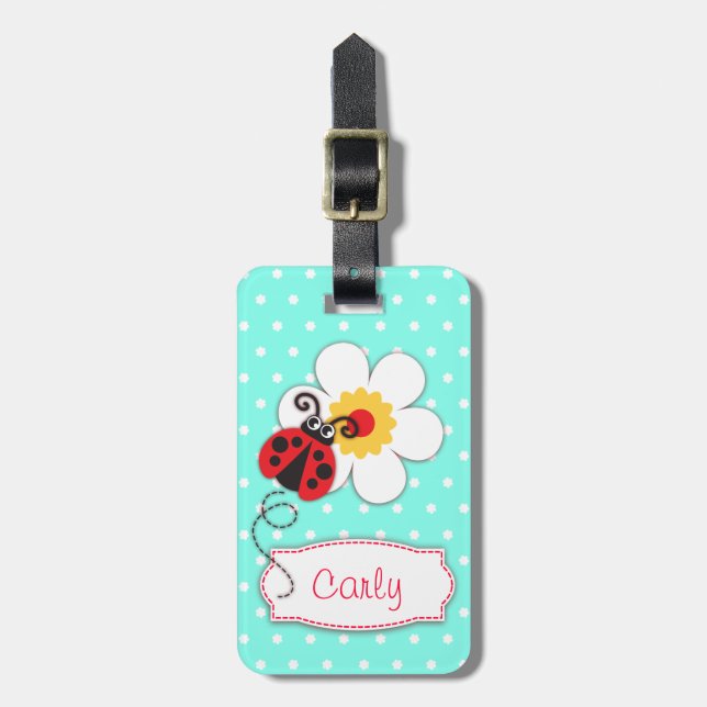 Aqua Red ladybug & polka dots med namn på bagageta Bagagebricka (Vertikal Framsida)