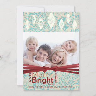 Aqua Red Retro Merry och Bright Family Photo Card Julkort