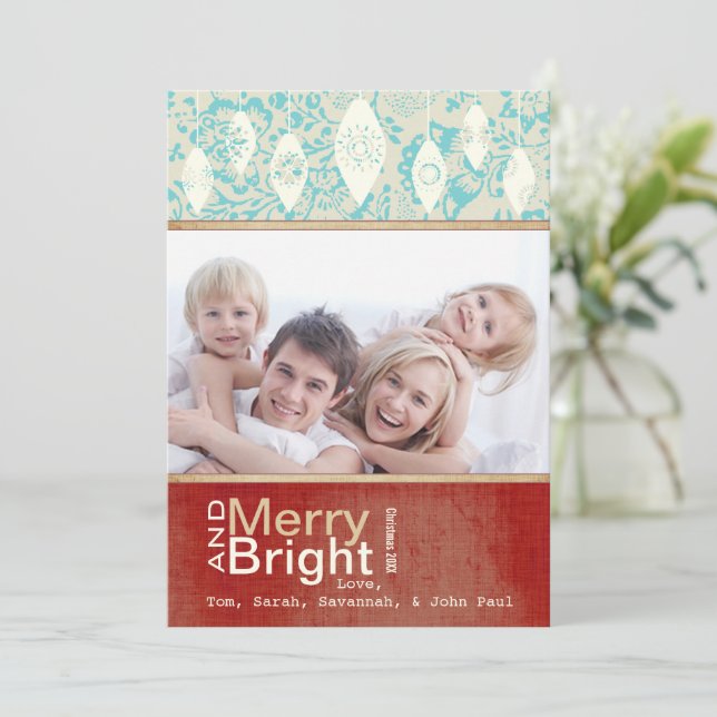 Aqua Red Retro Merry och Bright Family Photo Card Julkort (Stående Fram)