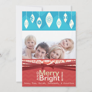 Aqua Red Retro Merry och Bright Family Photo Card Julkort