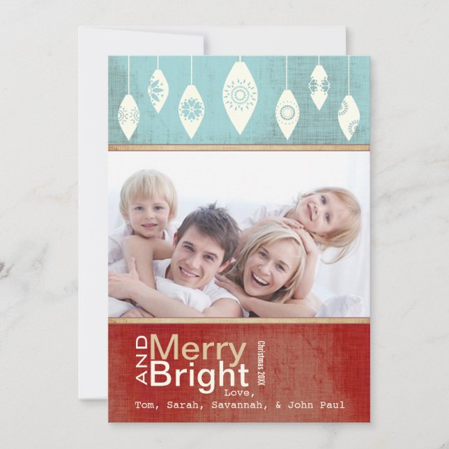 Aqua Red Retro Merry och Bright Family Photo Card Julkort (Framsida)