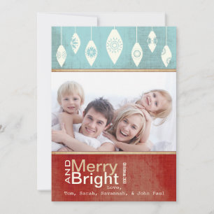 Aqua Red Retro Merry och Bright Family Photo Card Julkort