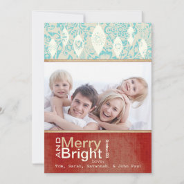 Aqua Red Retro Merry och Bright Family Photo Card Julkort