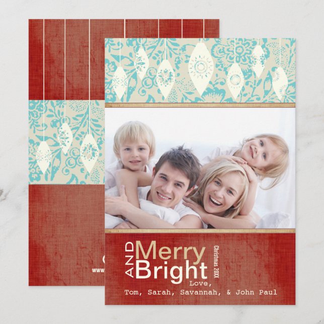 Aqua Red Retro Merry och Bright Family Photo Card Julkort (Fram/baksida)