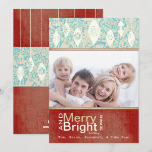Aqua Red Retro Merry och Bright Family Photo Card Julkort