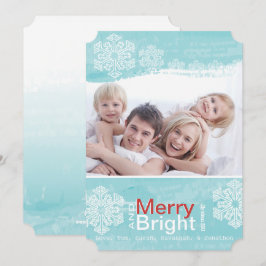 Aqua Red Snowflake Merry Bright Family Photo Card Julkort