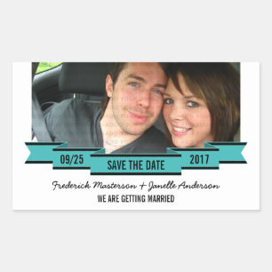 Aqua Ribbon Photo Save the Date Stickers Rektangulärt Klistermärke