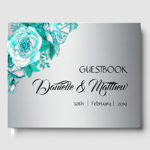 Aqua Ro och Silver Bröllop Guestbook Gästböcker