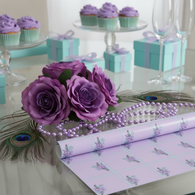 Aqua Ro Presentpapper (A serene table at a bridal shower with aqua blue and purple and coquette aesthetic)