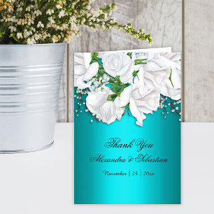 Aqua Romantik White Blommigt Bröllop Tack Kort