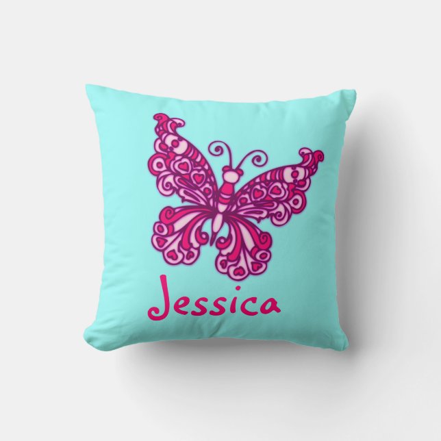 Aqua rosa-flickor med namnet butterfly cushion-kud kudde (Framsida)