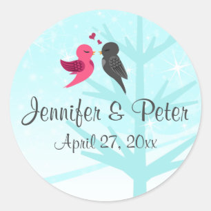 Aqua, Rosa, Grått Lovebird Wedding Favor Sticker Runt Klistermärke