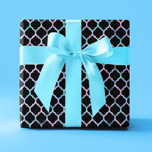 Aqua Rosa Iridescent Foil och Black Quatrefoil Presentpapper