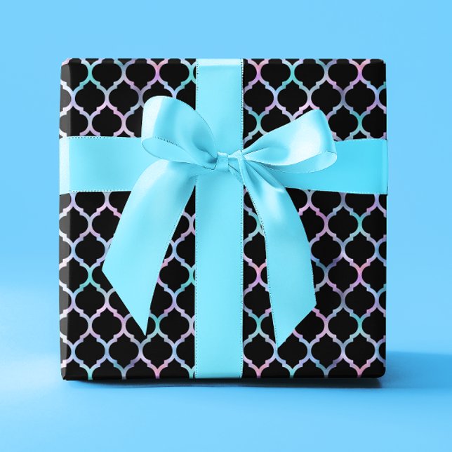 Aqua Rosa Iridescent Foil och Black Quatrefoil Presentpapper (Aqua Pink Iridescent Foil and Black Quatrefoil Wrapping Paper)