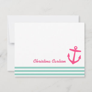 Aqua & Rosa Nautical Rand & Anchor Stationery Anteckningskort