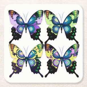 Aqua, Rosa och Gult - Elegant Butterflies Underlägg Papper Kvadrat
