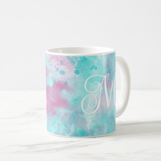 Aqua Rosa Watercolor Tvätta & Monogram Mugg (Framsida höger)