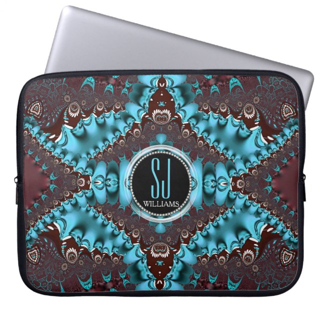 Aqua Royale Fractal Snöre Monogram bärbar dator Laptop Sleeve (Framsidan)