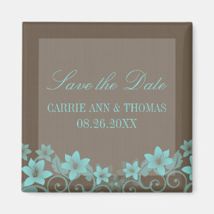 Aqua Rustic Blommigt Spara datum magneter