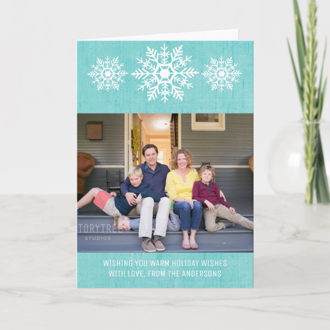 Aqua Rustic Snowflake Helgdag Photo Helgkort (Framsida)