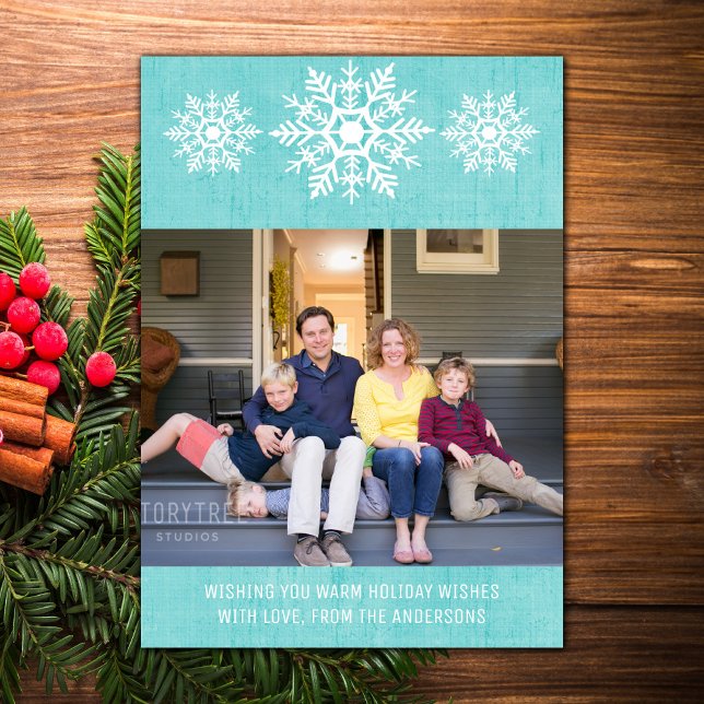 Aqua Rustic Snowflake Helgdag Photo Julkort (Aqua Rustic Snowflake Holiday Photo Card)