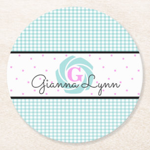 Aqua-rutig monogram underlägg papper rund