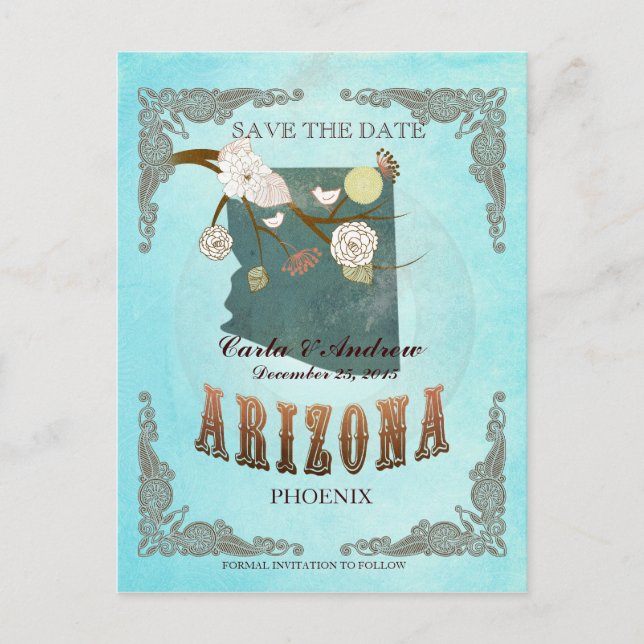 Aqua Save The Date - Arizona Karta Med Vackra Fågl Meddelande Vykort (Framsida)